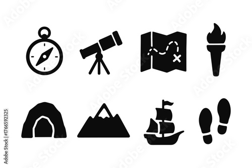 Adventure and exploration icons set including compass, telescope, map, and torch