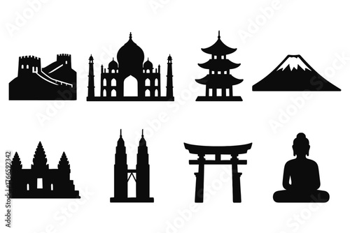 Silhouette icons of global landmarks set