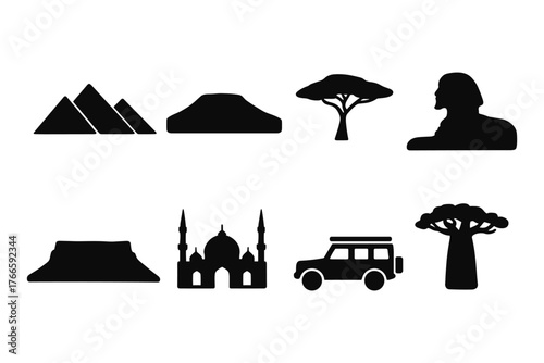 Silhouette icons: landmarks and nature elements for travel and geography themes