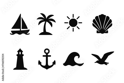 Coastal beach icons: sailboat, palm tree, sun, seashell, lighthouse, anchor, wave, seagull silhouettes