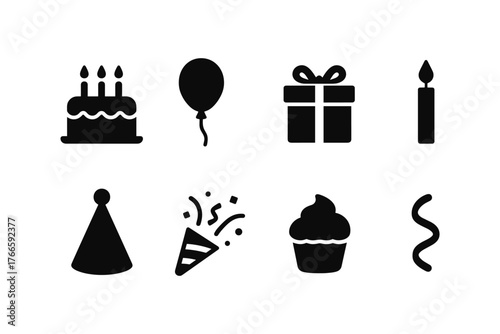 Celebration icons set: party, gift, balloon, cake, and more in bold silhouette style