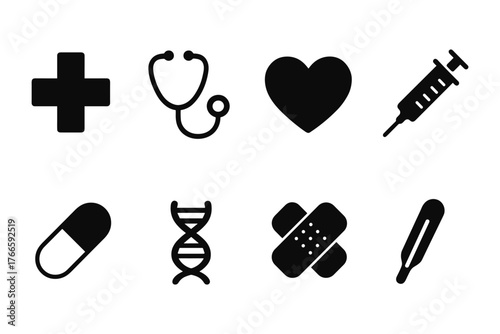 Essential medical icons set: cross, stethoscope, heart, syringe, pill, dna, bandage, thermometer