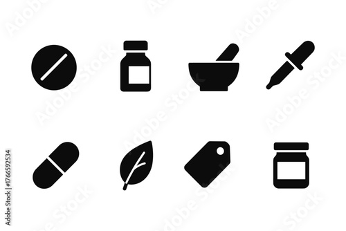 Pharmaceutical icons set featuring medicine, dropper, and mortar in silhouette style