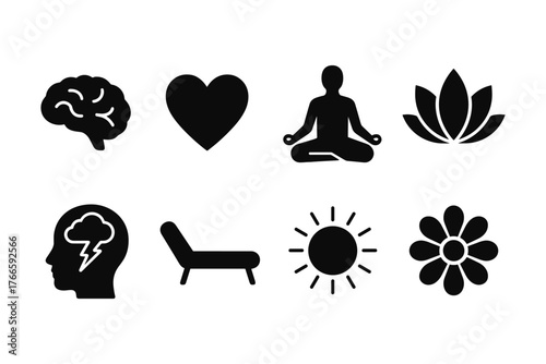 Mindfulness icons: meditation, wellness, relaxation, and nature symbols in minimalist style