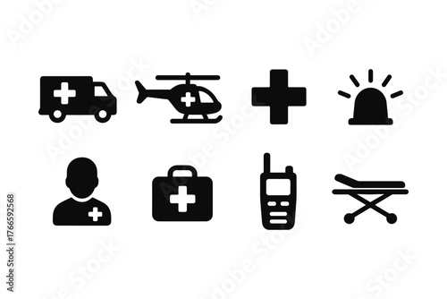 Emergency medical icons set: ambulance, helicopter, cross, siren, and more