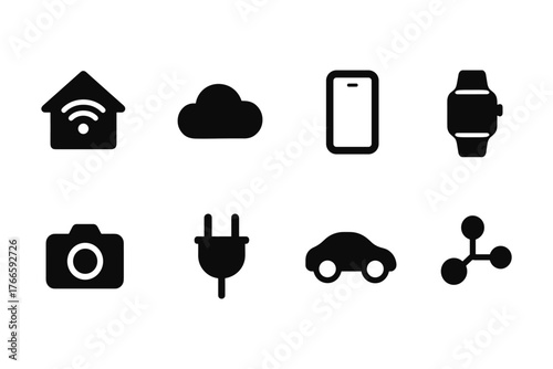 Minimalist technology and connectivity icons: smart home, cloud, mobile, and more