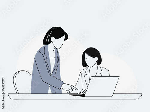Businesswoman mentoring younger team member over laptop modern vector.