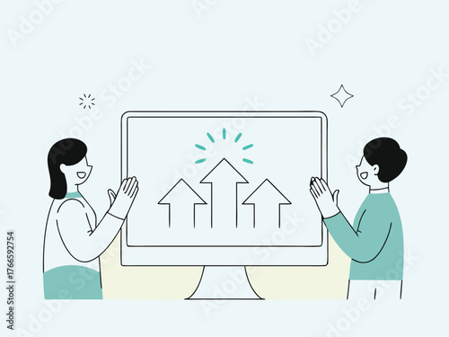 Startup employees standing around large screen celebrating KPI hit flat design.