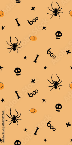 Halloween seamless pattern with spiders, bones, skulls, other holiday symbols. Vector illustration, wrapped paper, background and texture in flat doodle style, isolated.