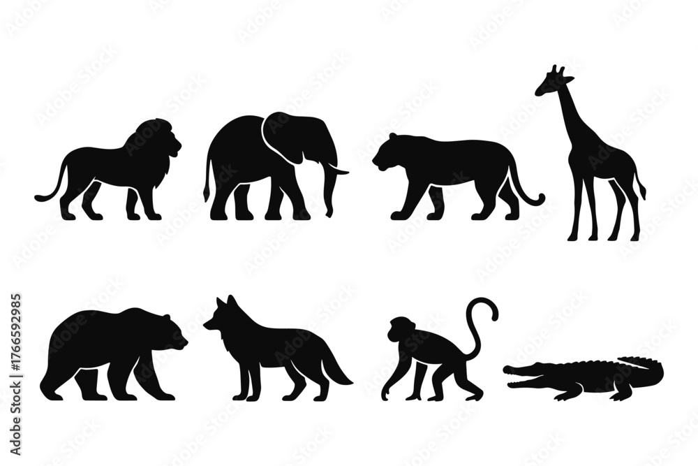 Fototapeta premium Animal silhouettes: lion, elephant, panda, giraffe, bear, dog, monkey, crocodile
