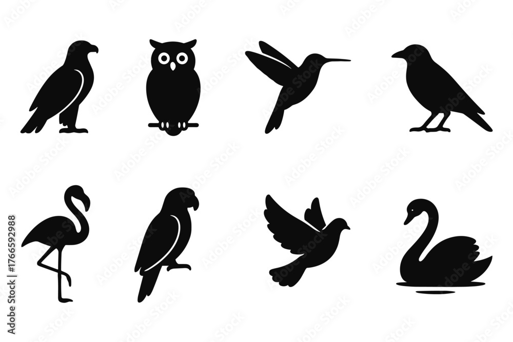 Fototapeta premium Silhouette birds collection: elegant designs of owls, swans, and more