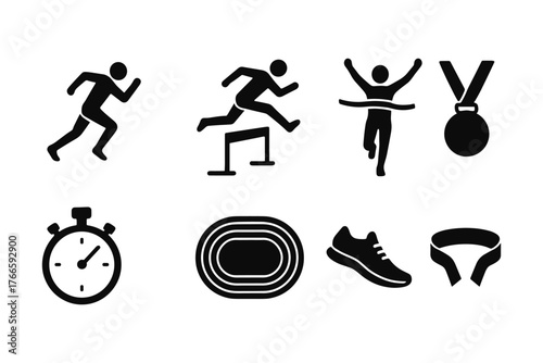 Athletic icons set: running, track, medal, stopwatch, shoe, and podium designs