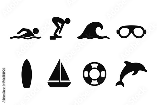 Swimming and watersports icons collection featuring diverse aquatic activities