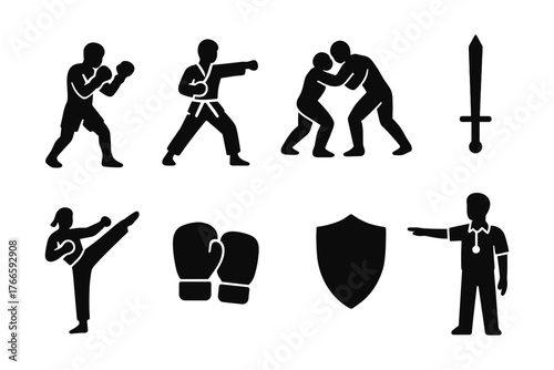 Martial arts training icons: boxing, karate, judo silhouettes and symbols