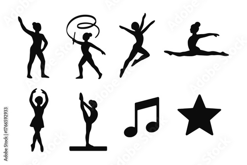 Dynamic dance silhouettes with musical notes and star icon