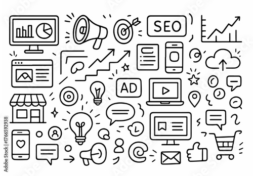 Hand-drawn Doodle Style Vector Set of Digital Marketing Icons, Black Outline Sketch Illustrations, Ideal for Both Digital and Print Use
