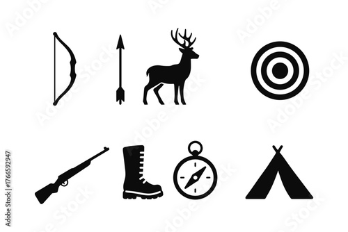 Silhouette hunting icons: bow, deer, target, compass, tent, and more