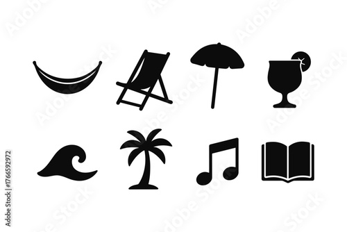 Summer icons: beach chair, hammock, palm, and more in black silhouette