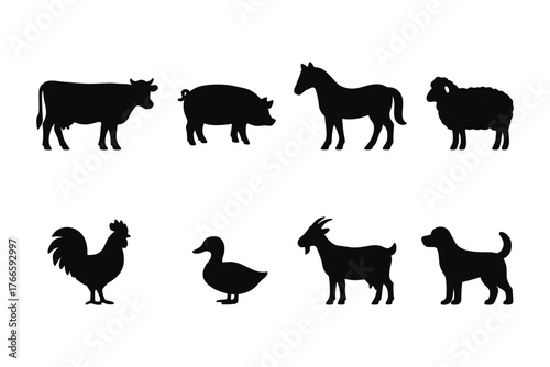 Farm animal silhouettes: cow, pig, horse, sheep, rooster, duck, goat, dog