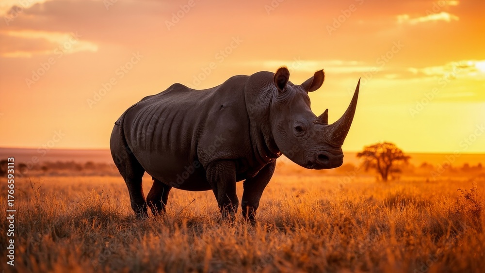 Fototapeta premium A big rhino silhouetted against the African sunset