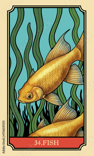 The fish. A comic-style fantasy card from the Lenormand Oracle deck. The classic 5:3 ratio for divination cards.	