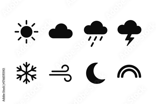 Minimalist weather icons: sun, cloud, rain, storm, snowflake, wind, moon, rainbow