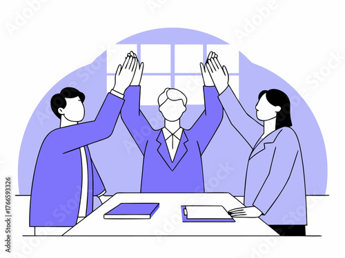 Office workers celebrating project success with hands raised flat vector.