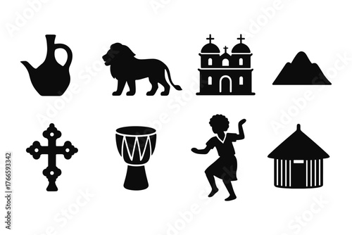 Ethiopian culture icons set featuring silhouettes of traditional items and symbols