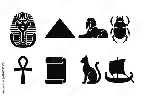 Ancient egypt icons: pyramids, sphinx, scarab, pharaoh, ankh, cat, ship in black silhouette style