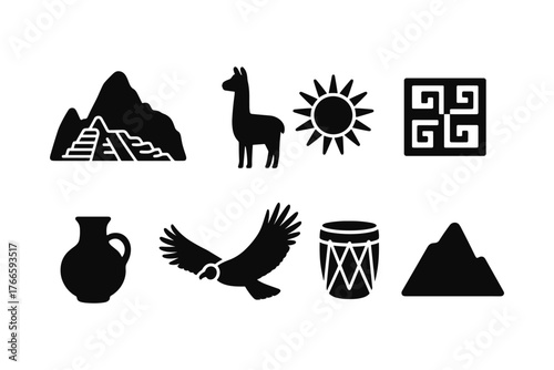 Set of native peruvian icons featuring traditional symbols in black silhouette style