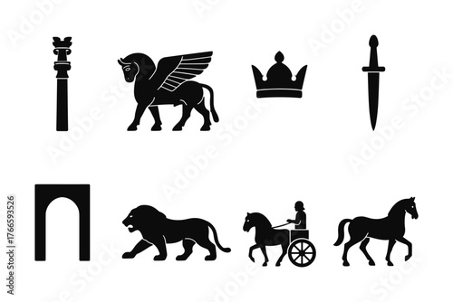 Ancient symbols silhouette icons: persian mythology and heritage artifacts