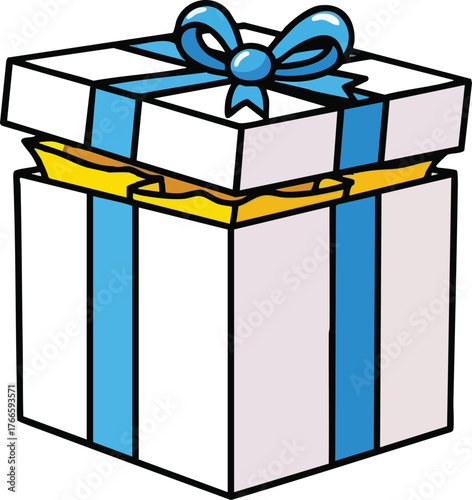 White gift box with blue ribbon and bow open to reveal gold surprise inside