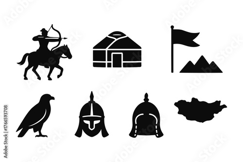 Nomadic culture symbols: archer, yurt, flag, mountains, eagle, helmets, mongolia map