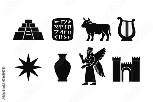Ancient mesopotamian icon set featuring symbols of civilization and culture in silhouette design