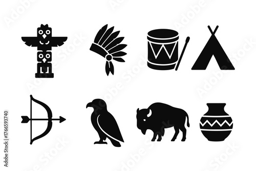 Native american elements set featuring totem, headdress, and drum in silhouette style