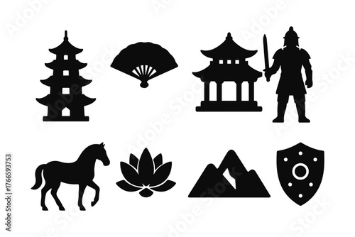 Silhouette icons of asian culture: pagoda, warrior, lotus, and more