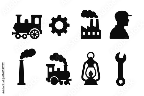 Industrial silhouette icons: train, factory, and tools in black