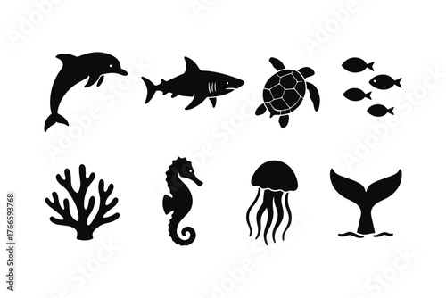 Marine life silhouette icons featuring dolphin, shark, turtle, and coral