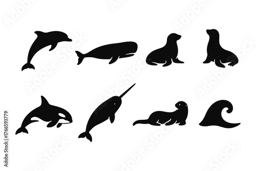 Silhouette marine animals: dolphins, whales, seals, orcas, and waves