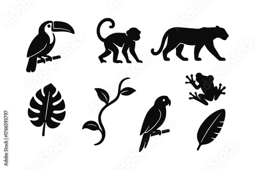 Silhouette tropical animals and plants set with toucan, monkey, and leopard