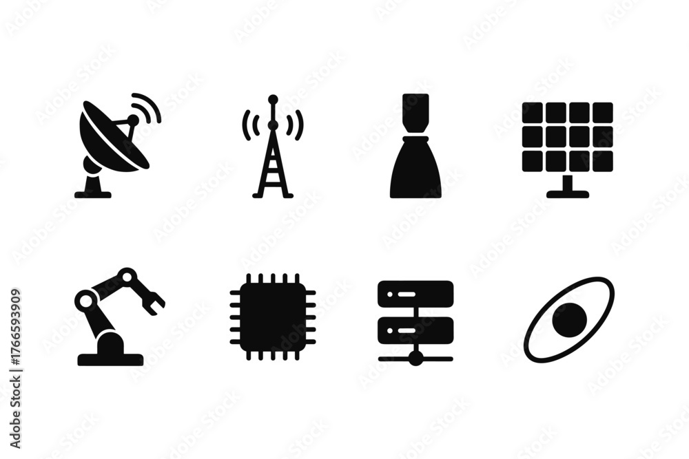 Fototapeta premium Modern technology icons: communication, robotics, and energy in minimalist style