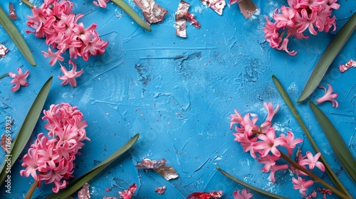 hyacinths on a blue background with space for text.