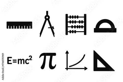 Set of education icons featuring mathematical tools and symbols