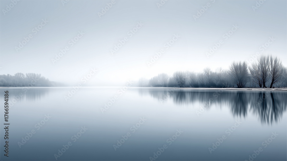 Fototapeta premium Serene misty lake landscape with bare trees reflecting on calm water under a soft foggy sky.
