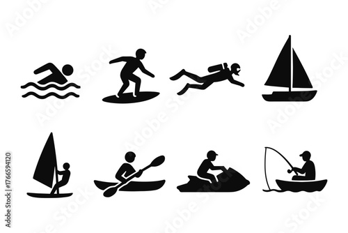 Silhouette icons of water sports activities including surfing, sailing, and kayaking