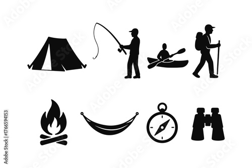 Outdoor adventure icons: camping, hiking, fishing, kayaking essentials
