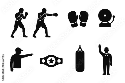 Boxing elements silhouettes: fighters, gloves, equipment, and referee icons
