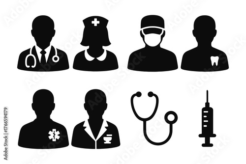 Healthcare professional silhouettes featuring medical staff and equipment icons in black and white
