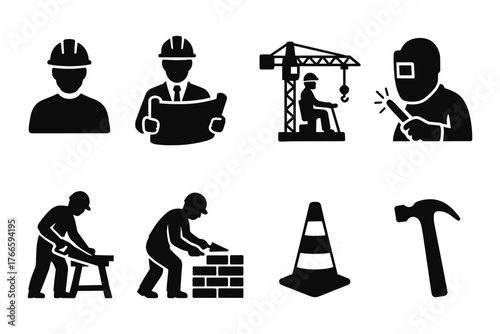 Construction icons set featuring workers, equipment, and safety elements in silhouette style