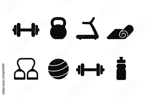 Fitness equipment icons in minimalist silhouette style for gym and exercise themes